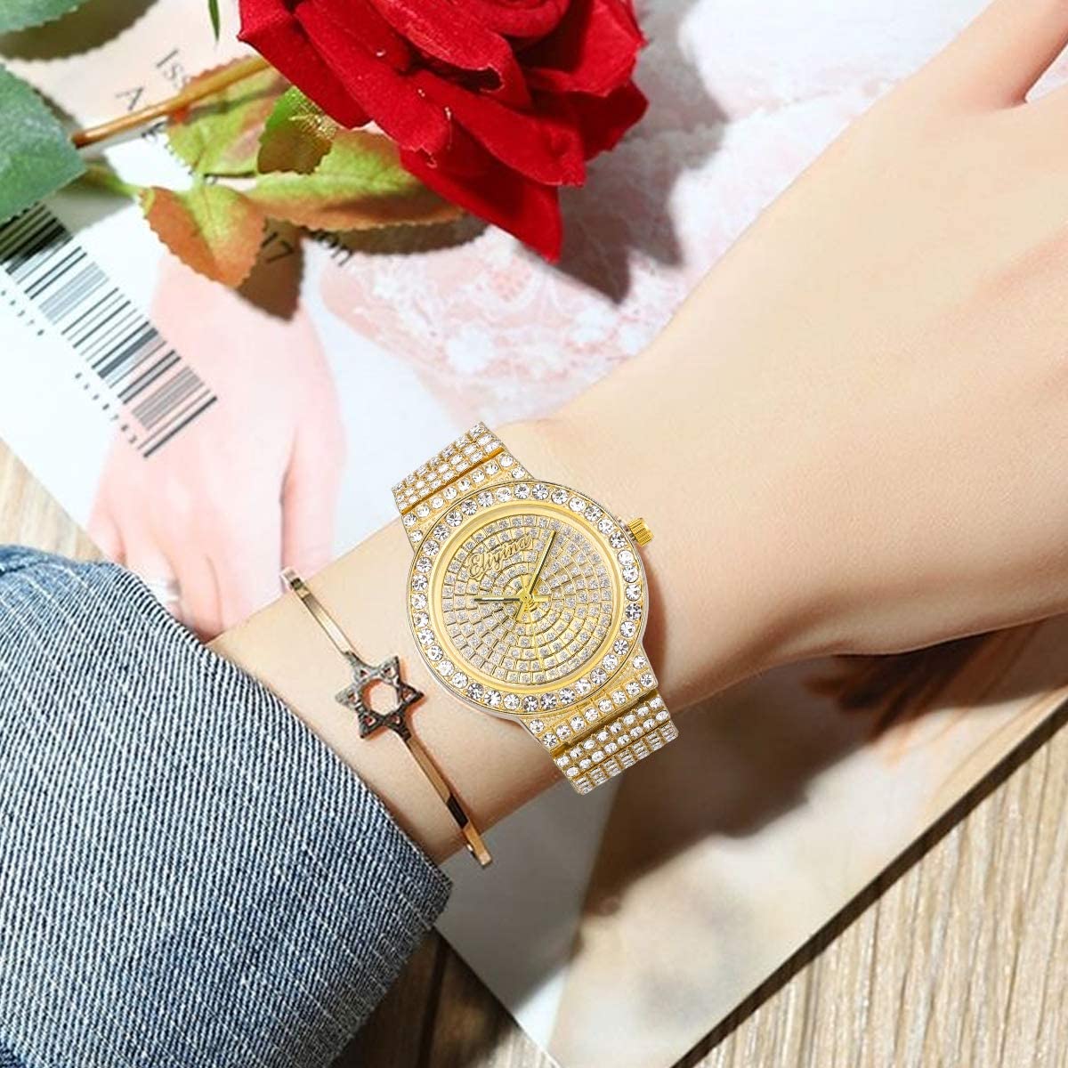 ManChDa Diamond Watch Silver Watch for Women Men Rhinestone Watches Ice Out Watch Full Diamonds Watch Quartz Crystal Stainless Steel Gold Watch Women Men Wrist Watch - Image 2